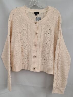 Torrid Sz 2X Cream Cable Knit Embellished Preppy Boxy Cropped Sweater Cardigan